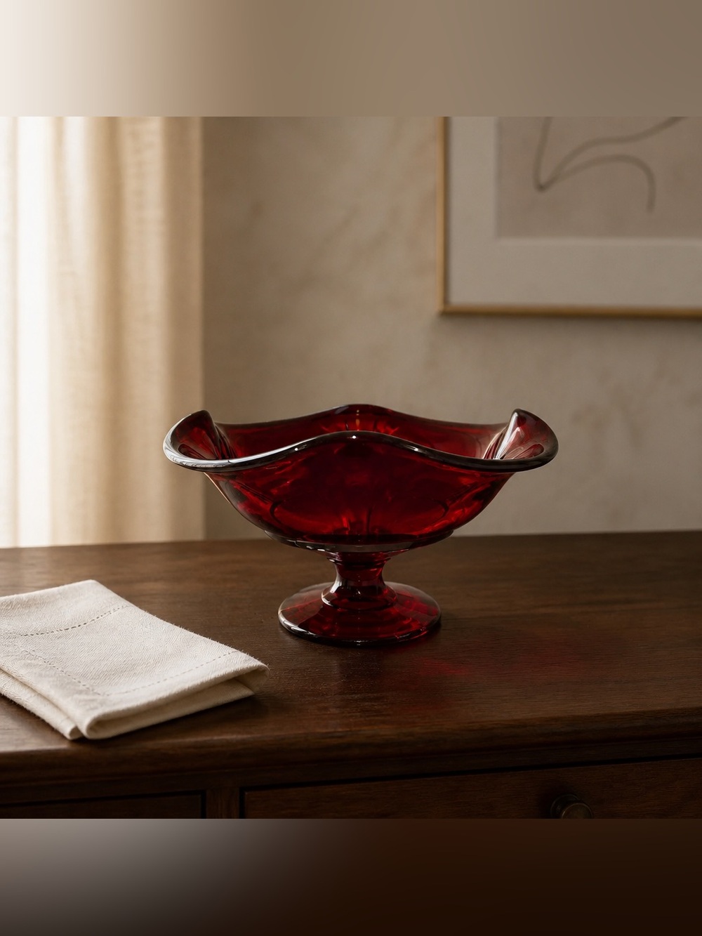 Viking Glass Ruby Red Ambrina Shine 4 Point Pedestal Ruffle Dish